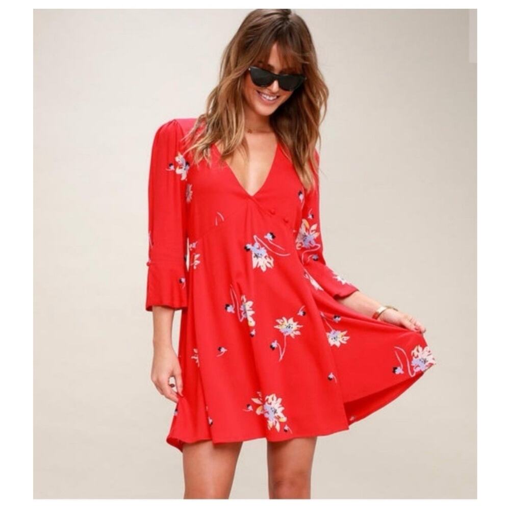 Free People Medium Time on My Side Red Floral Wrap Dress